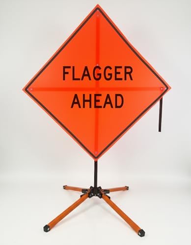 Traffic Roll-Up Sign Kit with Stand – Collapsible Safety Sign & Heavy-Duty Portable Stand, High Visibility, Easy Setup (Flagger Ahead, Mesh)