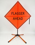 Traffic Roll-Up Sign Kit with Stand – Collapsible Safety Sign & Heavy-Duty Portable Stand, High Visibility, Easy Setup (Flagger Ahead, Mesh)