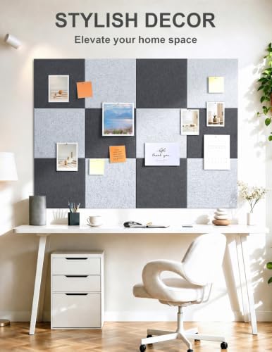 0.47" Thick Felt Pin Board 36"x24" Large Cork Board Alternative 6 Pack 11.81"x11.81"Felt Bulletin Board Wall Tiles Notice Board with 30 Pushpins for Home Office School(Silver&Dgrey)