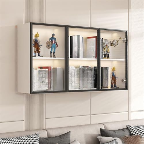 Wall Hanging Lateral Filing/Vertical Timber Wall Unit Transparent Glass Door Shelf Wall-Mounted Wood Bookcase Action Figure Model Storage Cabinet Display Case Warm White 35" L x 10" W x 26" H