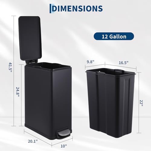 PrecisionAuto 12 Gallon Slim Trash Can with Lid, 45L Stainless Steel Step Garbage Can with Soft-Close Lid & Inner Bucket, Narrow Kitchen Garbage Bin, Metal Wastebasket for Home/Office, Black