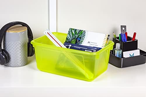 Storex Small Cubby Bins – Plastic Storage Containers for Classroom with Non-Snap Lid, 12.2 x 7.8 x 5.1 inches, Tint Yellow, 5-Pack (62482A05C)