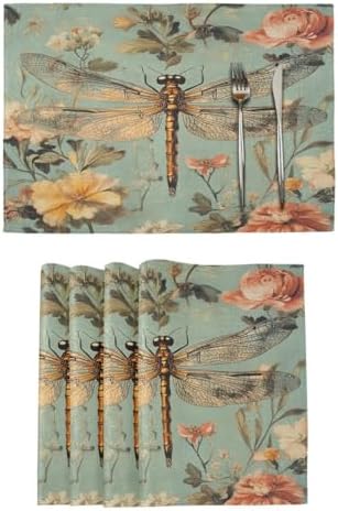 ALAZA Vintage Dragonfly Floral Set of 6 Placemats Rectangle Table Mat for Dining Table Restaurant Kitchen Home Decor, 12" x 18"