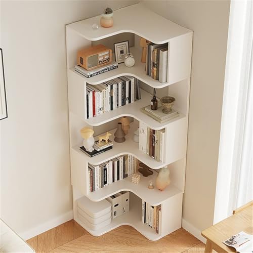 Vertical Wall Corner Shelf with Open Back 6-Shelf Wood Corner Bookshelf Floor Book Rack Multi-Layer Storage Shelf Against the Wall Bookcase White 24" L x 24" W x 63" H