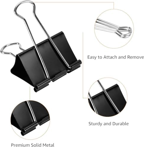 Amazon Basics Sturdy Binder Clips, Office Supplies, Large 2 in, Document Organizing, Black, 48 Count