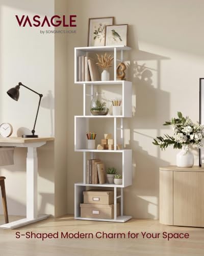 VASAGLE 6-Tier Book Shelf, S-Shaped Tall Display Shelf for Living Room | Bookcase Book Shelf, Tall Narrow Display Shelf Storage, Cloud White and Matte White, BARNET Collection ULLS172KD01