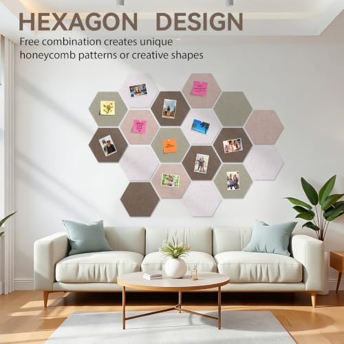 Hexagon Cork Board for Walls Decor, 8 Pack Felt Bulletin Board Tiles with 30 Pushpins, 50 Adhesive Tabs, 12" Pin Board Felt Board for Office & Home Classroom, Notes Photos and DIY Decor