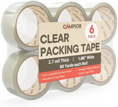 Clear Packing Tape Heavy Duty 6 Rolls, 1.7mil Thickness, Strong Adhesive for Shipping, Moving & Packaging, 1.88" Wide x 60 Yards Per Roll, Smooth Unroll, Clear Finish, Fits Standard Dispensers
