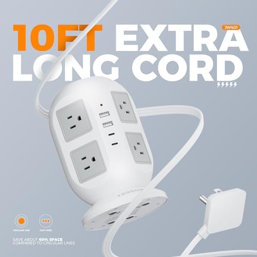TESSAN Tower Surge Protector Power Strip, 10 ft Long Flat Extension Cord