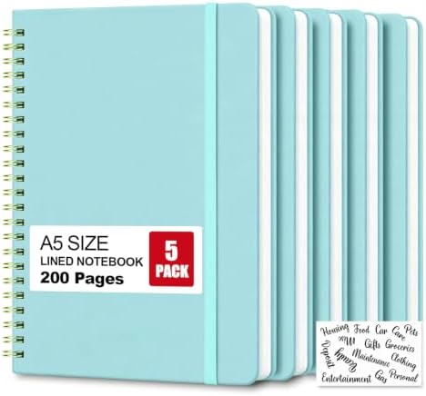 5 Pack Hardcover Spiral Notebooks, 8.3" x 6.3" Lined Journal Set, 100 GSM Bleed-Resistant Paper, 200 Pages Twin-Wire Bound Notebook with Elastic Band & Category Stickers for Office, School