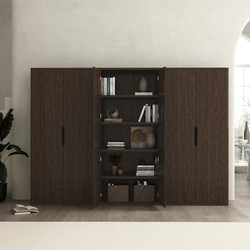 Manhattan Comfort Rivington Bookshelf 79 in Tall 5-Tier Bookcase, Modern Soft Close Storage Cabinet, Handle-Free, Round Corner Design for Living Room, Bedroom, or Home Office, Set of 3 in Walnut