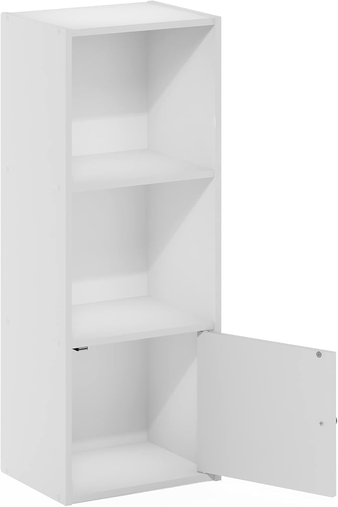 Furinno LUDER Book Shelf, 3-Tier Modern Bookshelf, Bookcase with 1 Door Storage Cabinet, 9.3 x 12 x 31.5, for Organization and Storage, for Living Room, Bedroom, Home Office, White