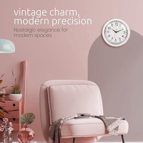 Kiera Grace Retro Wall Clock, Silent Non-Ticking Design, Battery Operated, Vintage Home Decor for Living Room, Bedroom, Kitchen, Office, White, 9.5"