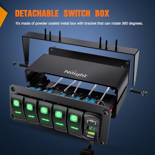Nilight 5 Gang Rocker Switch Box w/Voltmeter PD Type C and USB Socket