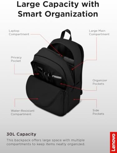 Lenovo 16-inch Commuter Backpack B10, Lightweight 30L Laptop Backpack, Water-Resistant Travel Bag with 6 Storage Compartments, Anti-Theft Pocket & Luggage Strap, Fits Up to 16" Laptop, Black