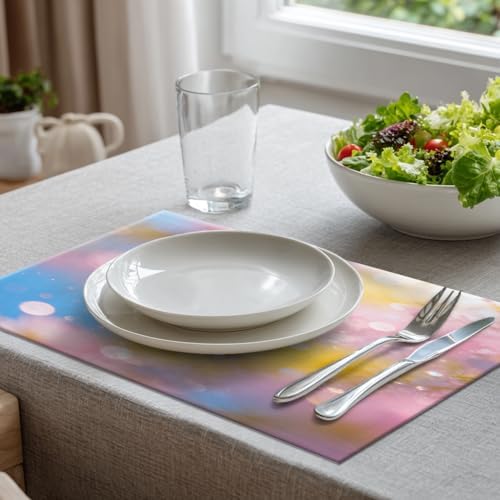 Batmerry Pastel Rainbow Linen Placemats Set of 8, Glitter Stars Marble Galaxy Clouds Washable Table Mats for Kitchen Table Thickened Heat Insulation Dining Set Indoor Outdoor 12X18 in