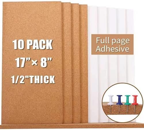 Cork Bulletin Board 17"x8" - 1/2" Thick Cork Board Tiles Frameless Cork Tiles, Self-Adhesive Corkboards Wall Decor with Two Box Bonus Pushpins for Office, School and Home (10pack)