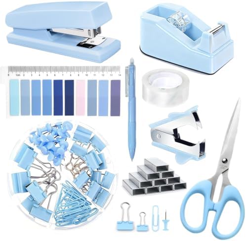 Office Supplies,Blue Desk Accessories,Office Supplies Set,Stapler and Tape Dispenser Set,Scissors,Staple Remover,Binder Clips,Staples,Ballpoint Pen,Index Tabs with Ruler,Clear Tape.9pcs for Office