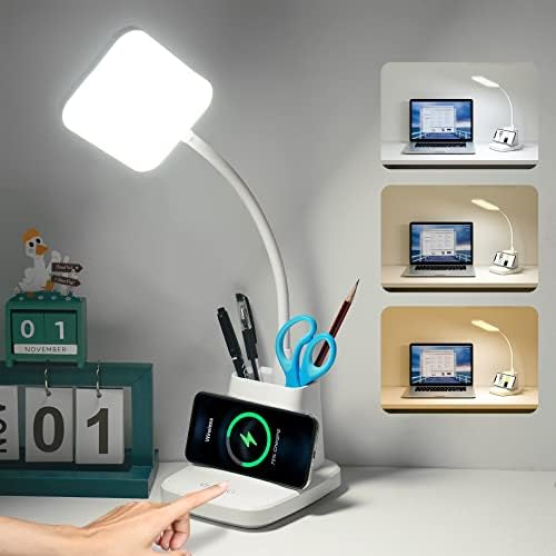 LED Desk Lamp with 10W Wireless Charging & Pen Holder, Snow White