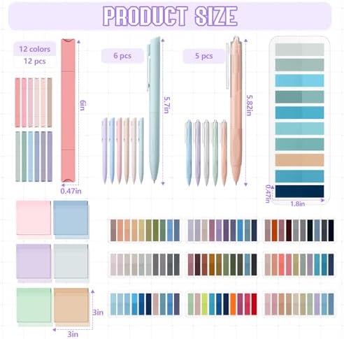 135 Pcs Book Annotation Kit Aesthetic Pencil Case Bag 12 Highlighter 11 Gel Pen 1 Marker 300 Sheet Transparent Sticky Notes Pad 2640 Index Stickers Bible Study Supplies(Kawaii,Purple)