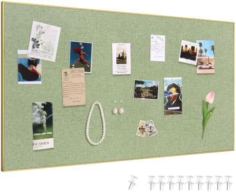 SELEAD Linen Bulletin Board 48” x 24” - Golden Aluminum Frame, Green Fabric