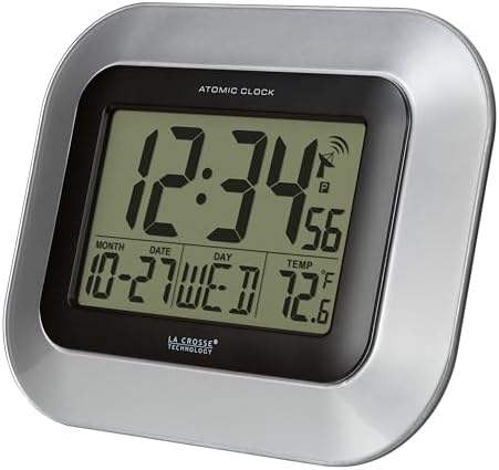 La Crosse Technology WT-8005U-S Atomic Digital Wall Clock with Indoor Temperature, Silver