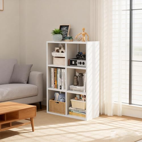 6 Cube Organizers and Storage, Open Shelf Storage, Includes 4 Corner Bumpers, Space-Saving Vertical Storage for Living Room, Home Office, 41.7" H x 27.6" W x 11.8" D, White