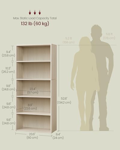 VASAGLE 5-Tier Bookshelf, Storage Organizer, 23.6 x 9.4 x 52.8 Inches