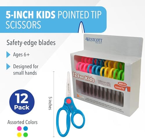 Westcott 5-Inch Pointed Safety Scissors For Kids, Back to School, Classroom Supplies, Assorted, Pack of 12 (14872)