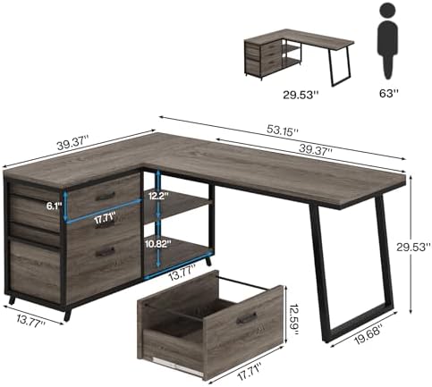 Tribesigns L-Shaped Desk with 3 Drawers, Reversible Corner Home Office Computer Desk with Shelves, 53-Inch Industrial PC Desk Study Writing Table Workstation for Small Space, Grey