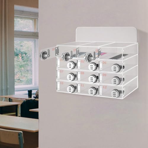 Cell Phone Locker Box,12 Slots Cell Phone Storage Locker, Clear Acrylic Storage Cabinet Wall Mounted for School Factory Office
