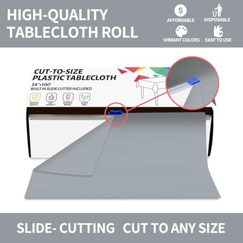 CXPSINC 54 Inch X 100 Feet Plastic Table Cover Roll Disposable Tablecloth with Slide Cutter for All Type/Shape Tables | Party, Banquet, Birthdays, Weddings(Silver, 100 Feet)
