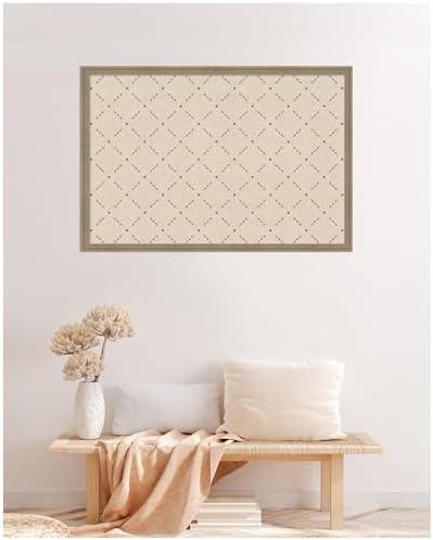 Kate and Laurel Framed Fabric Pinboard 38 x 26, Green Lattice Pattern Printed Linen Classic Bulletin Board for Use as a Vision Board or Wall Organization, Florence Light Brown Frame