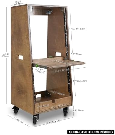 Sound Town DIY Slanted 20U Studio Rack (12U Top + 8U Lower), with 2U Bottom Storage, Slide-Out Tray, Caster, Plywood, Weathered Brown for Recording Room, Home Studio (SDRK-ST20TB)
