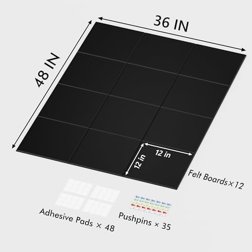 Neatsure Large Cork Board for Wall, 48" x 36" Bulletin Board with Pushpins, 12 Panels Felt Tiles Tack Push Pin Board for Office, Black