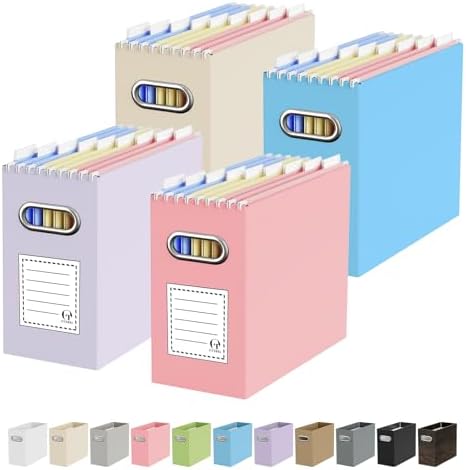 Oterri Portable Collapsible Cardboard File Box with Handle for Letter-Size | 4-Pack. Stainless Steel Handle. Label Stickers Included. Fits Letter Folders (Not Included). Home, Office, School, Dorm, Tax.