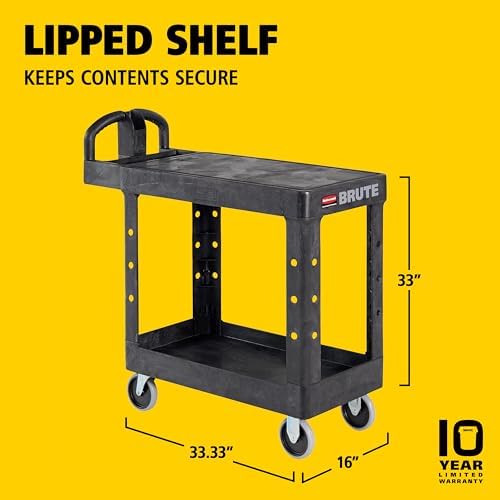 Rubbermaid Commercial Products Heavy Duty 2-Shelf Utility/Service Cart, Small, Flat Shelves, Ergonomic Handle, 500 lbs. Capacity, for Warehouse/Garage/Cleaning/Maintenance