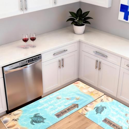 Coastal Kitchen Mats for Floor Beach-Themed Cushioned Anti Fatigue Mats for Kitchen Floor for Sink, Stove, Desk, Laundry,17"x30"+17"x47", Lake Blue
