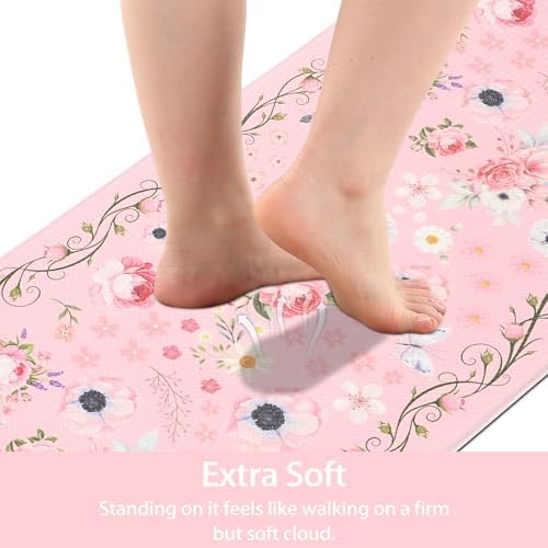 Pink Kitchen Mats for Floor Floral Cushioned Anti Fatigue Mats for Kitchen Floor for Sink, Stove, Desk, Laundry,17"x30"+17"x47", Baby Pink