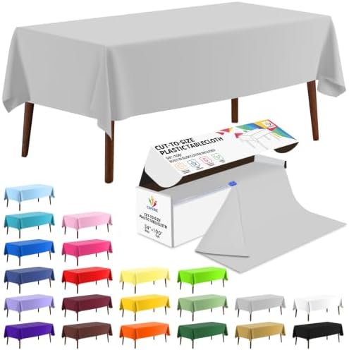 CXPSINC 54 Inch X 100 Feet Plastic Table Cover Roll Disposable Tablecloth with Slide Cutter for All Type/Shape Tables | Party, Banquet, Birthdays, Weddings(Silver, 100 Feet)