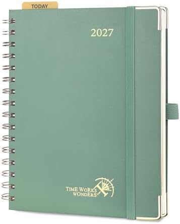 POPRUN 2027 Planner Daily Weekly and Monthly Calendar with Hourly Schedule(Medium Size 8.5'' x 6.25'' Wire-Bound Hard Cover) - Agenda 2027 (Jan.2027-Dec.2027), Monthly Tabs - Midnight Green