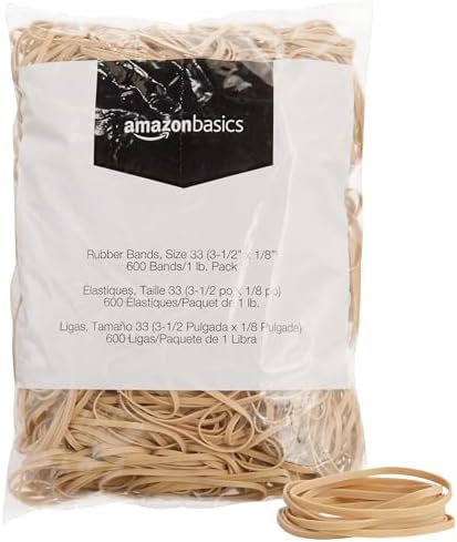 Amazon Basics Rubber Bands, Office Supplies, Size 33 (3-1/2 x 1/8 Inch), 600 Bands/1 lb Pack, 25-Pack, Tan