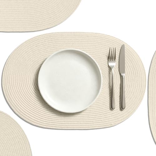 AHHFSMEI Placemats Set of 6 for Dining Table Washable Woven Non-Slip 18x12 inches Placemat Heat-Resistant Durable Table Mats for Dining Table Easy to Clean (Oval Beige, 6)
