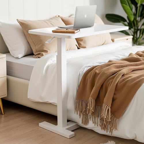 Overbed Bedside Table with Hidden Casters, Adjustable Pneumatic Mobile Laptop Computer Standing Desk, Rolling Laptop Table, Movable Overbed Table Hospital Home Use, White