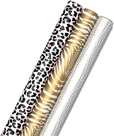Hallmark Animal Print Wrapping Paper with Cut Lines on Reverse (3-Pack: 85 sq. ft. ttl) for Birthdays, Christmas, Graduations, Valentine's Day, Mother's Day