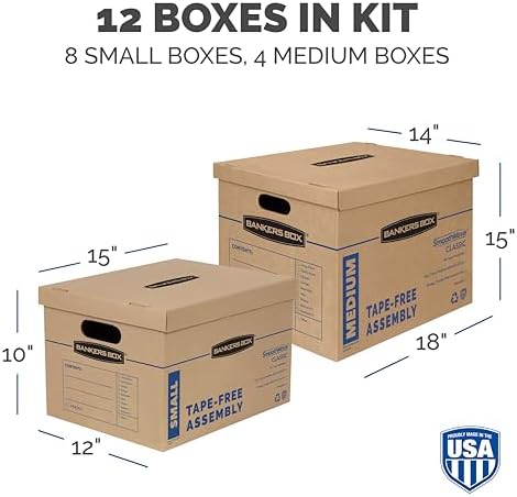 Bankers Box Classic Moving Box 12 Pack Kit, Reinforced Handles, Tape-Free Assembly, Box with Lid, 8 Small and 4 Medium Boxes (7716401)