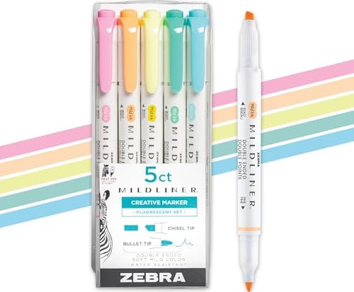 Zebra Pen MILDLINER No Bleed Highlighter, Assorted, Dual Tip, 5-Pack