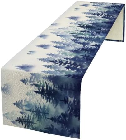 Watercolor Blue Pine Trees Table Runner, Forest Woodland Tabletop Scarf Home Kitchen Holiday Decor, Seasonal Farmhouse Rustic Dining Decorations Party Supply 13 X 108 Inch