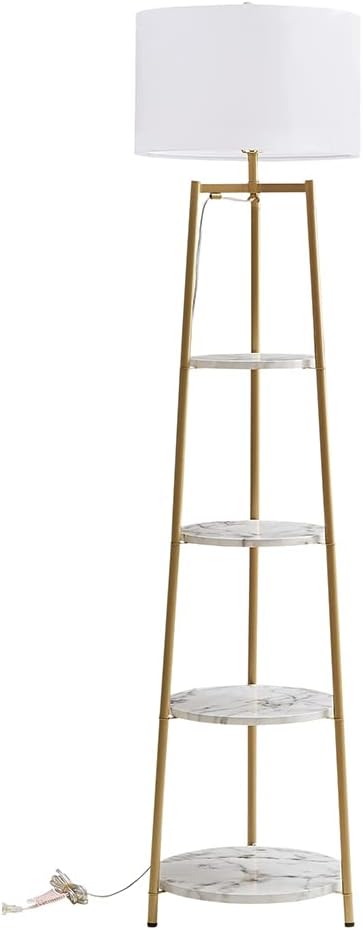 ROSEN GARDEN Floor Lamp, Standing Reading Light with Shelves and Fabric Shade, Modern Tall Pole Lamp, Accent Furniture Décor Lighting for Living Room, Bedrooms (Gold, 4-Tier)