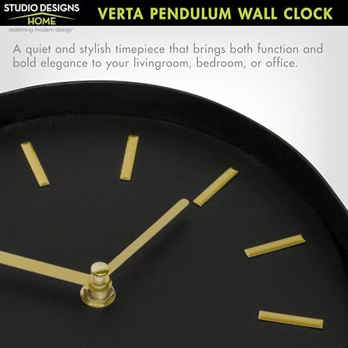 VERTA Modern Pendulum Wall Clock, Minimalist Black Iron Wall Clock with Gold Accents, Quartz Movement, Swinging Pendulum, 21.75″ Tall